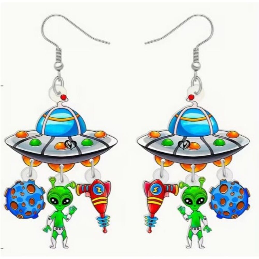 FUN Alien UFO Space Gun Planet Dangle Earrings - Picture 5 of 5